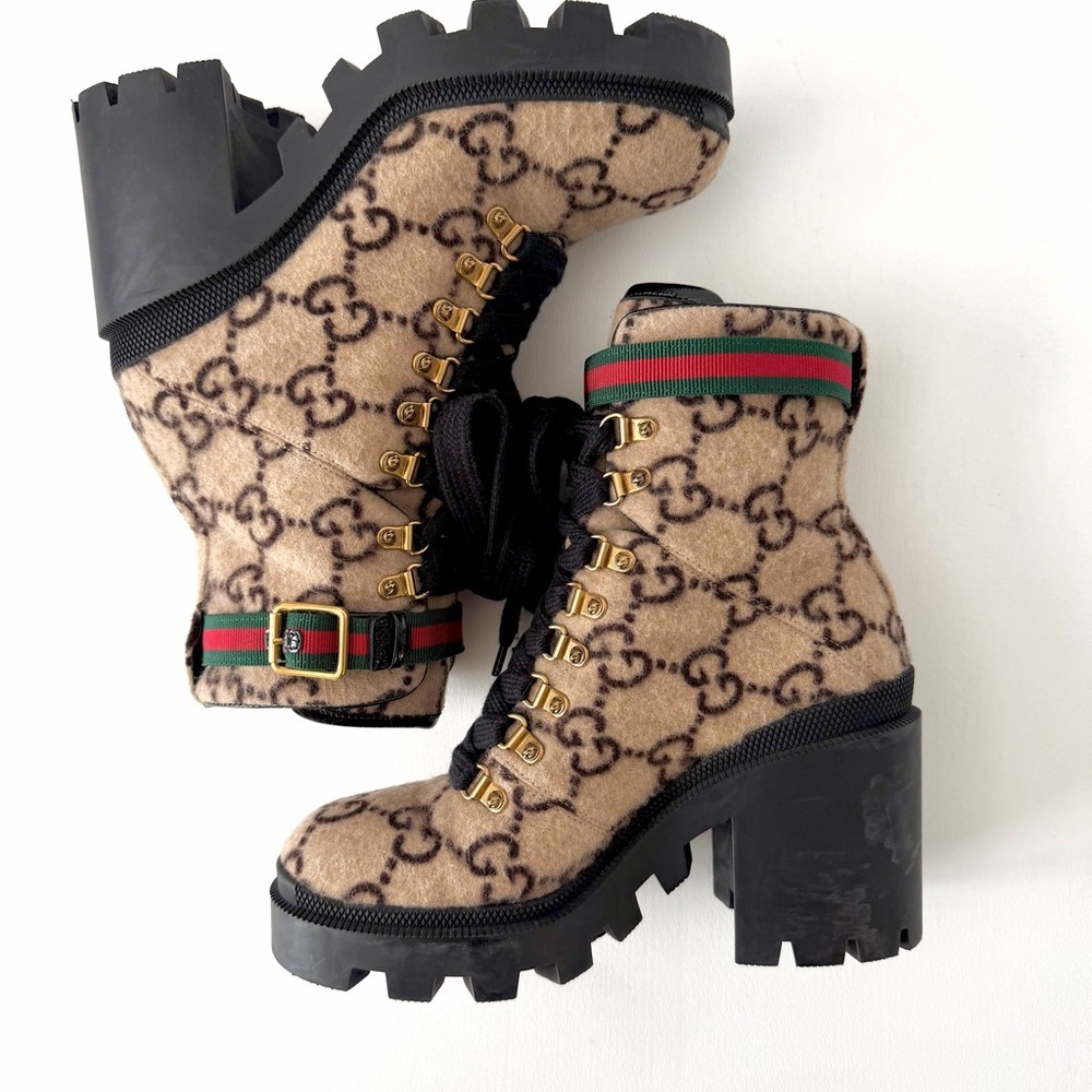 GUCCI | GG Wool Lug Sole Combat Boots Web Strap Ankle EU 38 - Picture 7 of 15